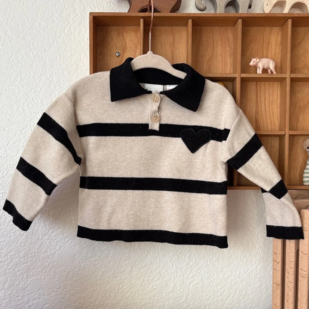 Zara Black and Cream Striped Polo Sweater with Heart Oatch